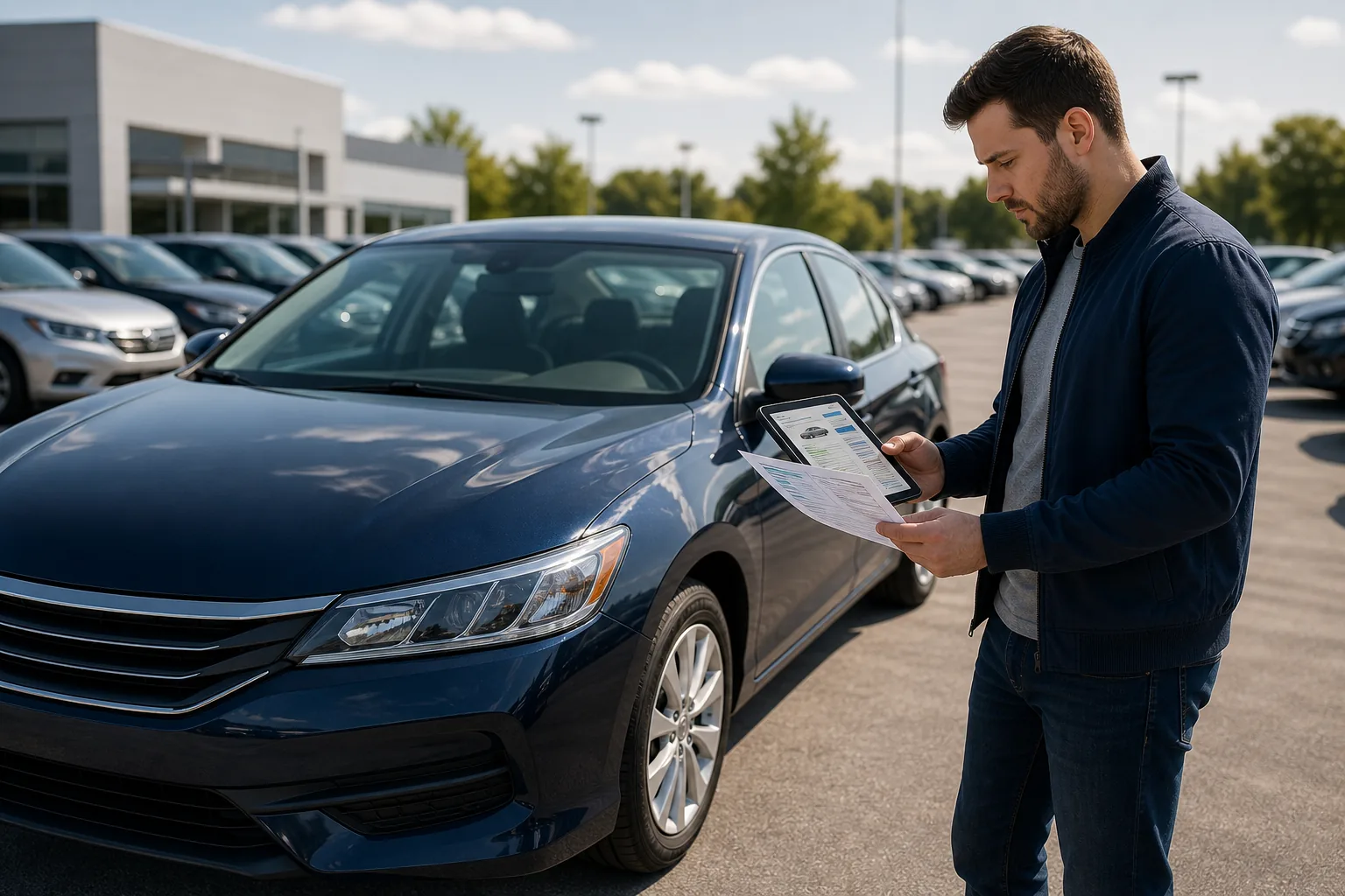 Buyer reviewing a VIN report before buying a used vehicle