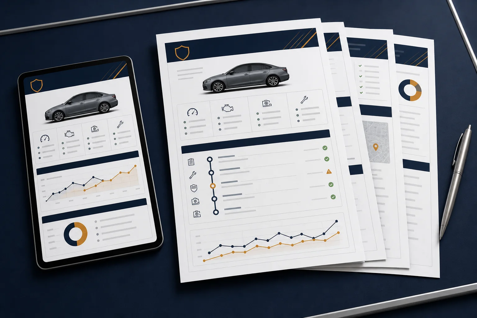 Multi-page sample vehicle history report with charts and timeline
